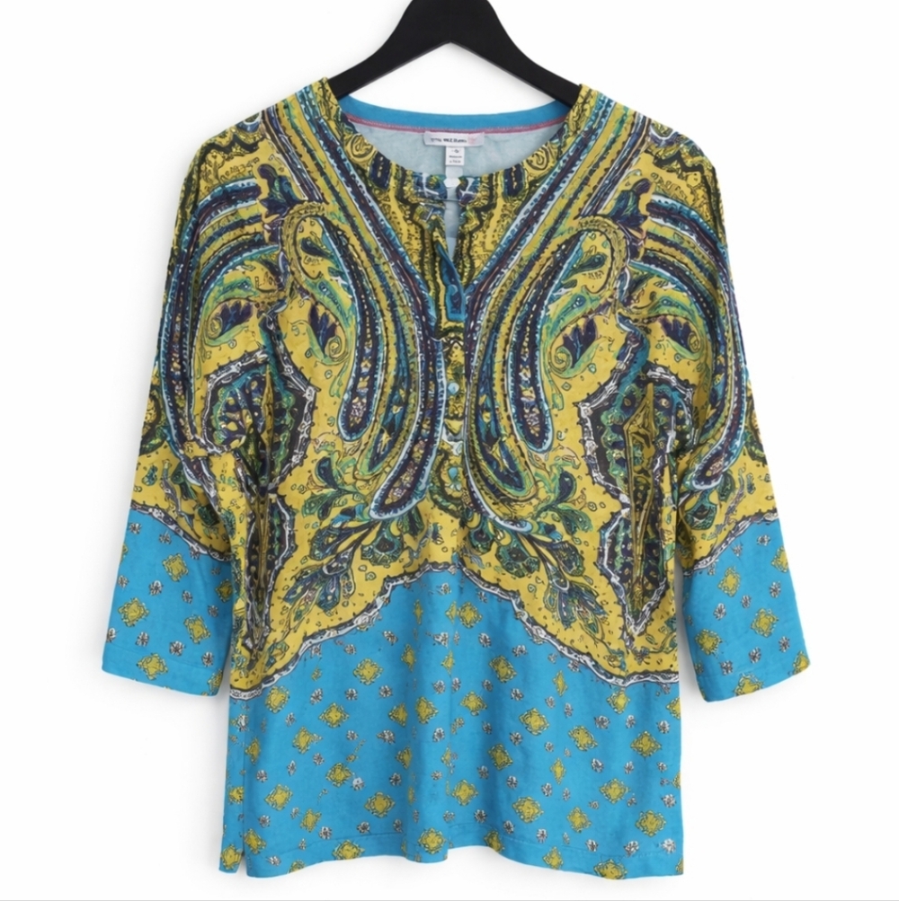 Isaac Mizrahi Blue Yellow Button Up Paisley Cardigan Plus Sz 2X